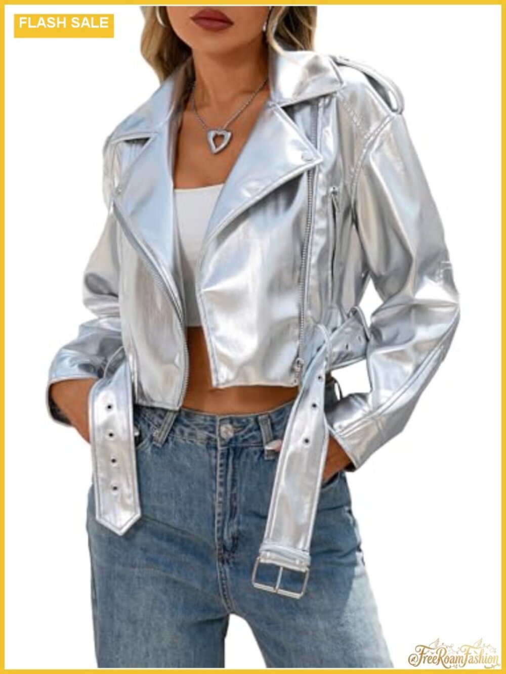 Faux Leather Cropped Moto Biker Jacket Vegan Belted Zip Coat